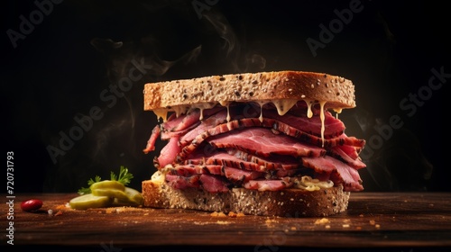 pastrami sandwich, background with space for text, food photography, cop< space, 16:9