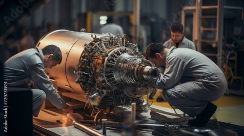 engineers building a rocket in an aerospace factory, close up, product photography, 16:9 © Christian