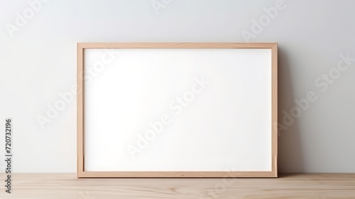 light wooden picture frame, blank white picture, blank white background, mockup, copy space, 16:9