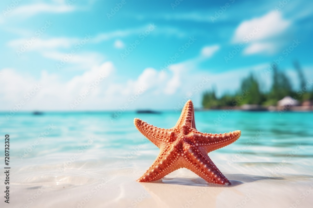 starfish on the sandy white beach, near a ocean, serene maritime themes, in front of a tropical villa starfish on the sandy white beach, near a ocean, serene maritime themes, in front of a tropical villa