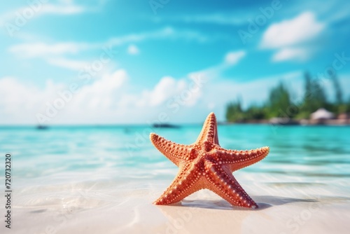 starfish on the sandy white beach  near a ocean  serene maritime themes  in front of a tropical villa