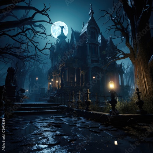 3D rendering of a haunted house in the night background © Vladyslav  Andrukhiv