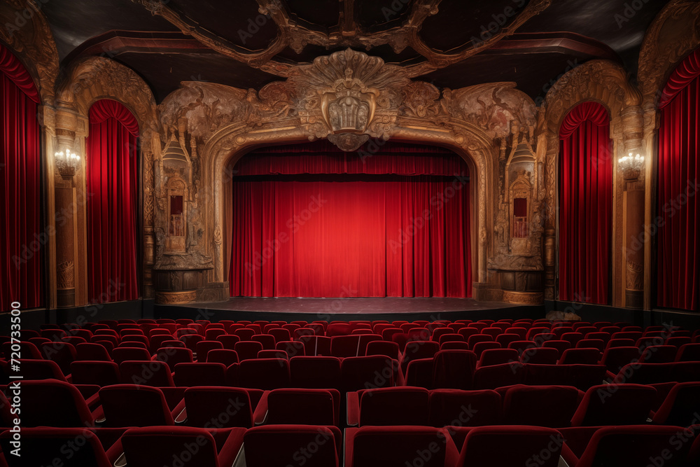 empty retro cinema auditorium with red curtain closed 