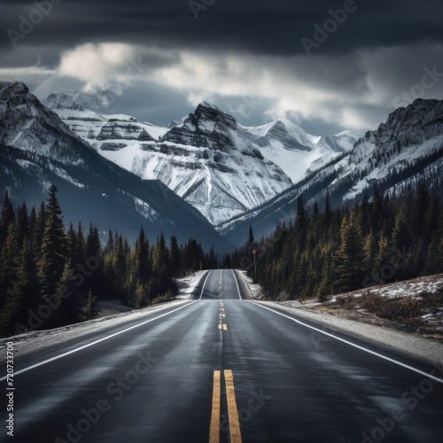 A Black Asphalt Road Leading In To The Mountains During Winter