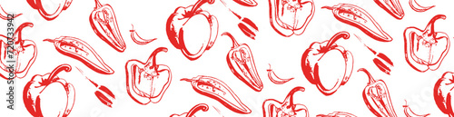Vector isolated set of red Bulgarian sweet and bitter pepper. Red pepper. Hand drawing. Vegetable engraved style object, full, half and slices. Isolated bell pepper.