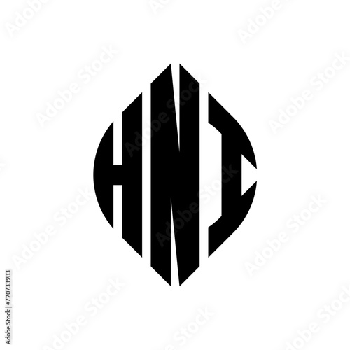 HNI circle letter logo design with circle and ellipse shape. HNI ellipse letters with typographic style. The three initials form a circle logo. HNI circle emblem abstract monogram letter mark vector.