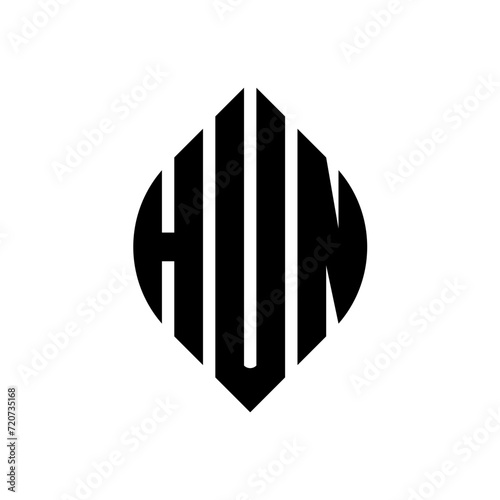 HUN circle letter logo design with circle and ellipse shape. HUN ellipse letters with typographic style. The three initials form a circle logo. HUN circle emblem abstract monogram letter mark vector.
