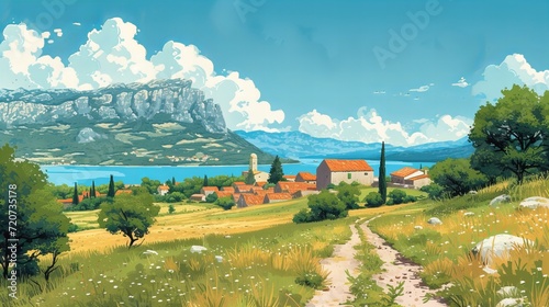 croatian landscape with lake and mountains