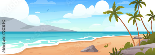 Ocean coastline. Vector illustration of summer beach  tropical ocean coastline with mountains  palm trees  island. Marine horizon landscape background. Seascape view. Summer holidays. Vacation place