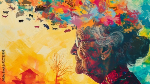 Concept - Alzheimer's. View of old woman in abstract vibrant painting, surrounded by nostalgic views of house, car, silhouettes of children, sunsets, buildings, dog. 