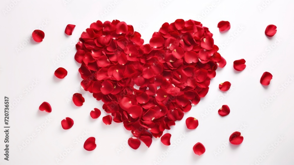Red rose petals in the shape of a heart on white background
