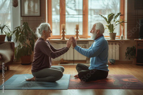 Mature, middle aged woman doing yoga exercises at home with her elderly husband. Couple training together, support and assistance. Concept of family, relationship, retirement, lifestyle, happiness photo