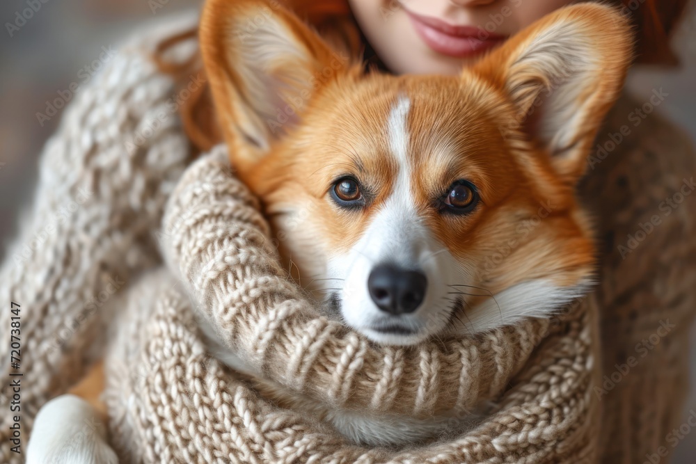 A cute Corgi dog is held and wrapped in a warm knitted scarf by a girl whose face is not visible A cute Corgi dog is held and wrapped in a warm knitted scarf by a girl whose face is not visible