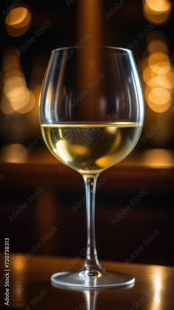 Glass of white wine on table in bar, blurred moody dark background, selective focus