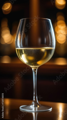 Glass of white wine on table in bar, blurred moody dark background, selective focus