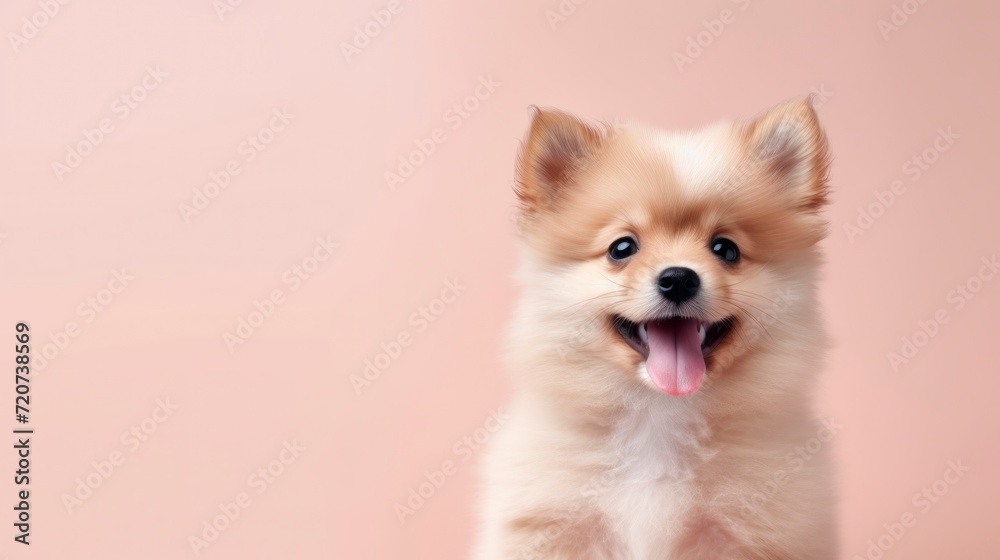 A puppy on pastel background. Copy space.