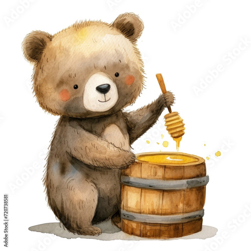 watercolor illustration of a cute bear with a barrel of honey isolated