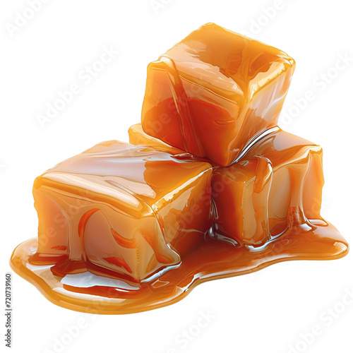 Sweet caramel candy cubes and drops of milk caramel sauce flowing down from it isolated on transparent background PNG