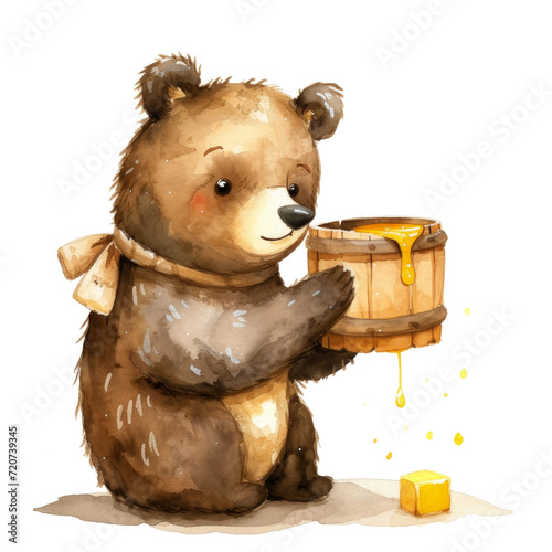 watercolor illustration of a cute bear with a barrel of honey isolated