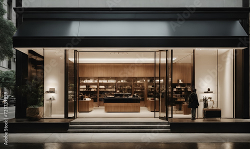 A sleek and modern storefront  with clean lines. Minimal architecture and design concept. Fashion  consumerism and shopping idea. Copy space.