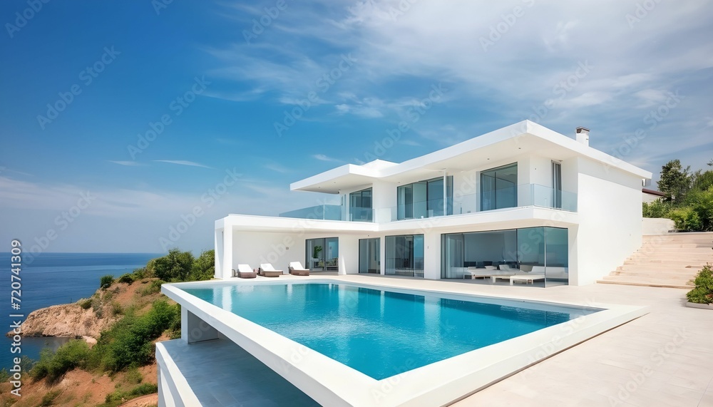Luxury villa with a swimming pool, white modern house, beautiful sea view landscape, created with generative ai	

