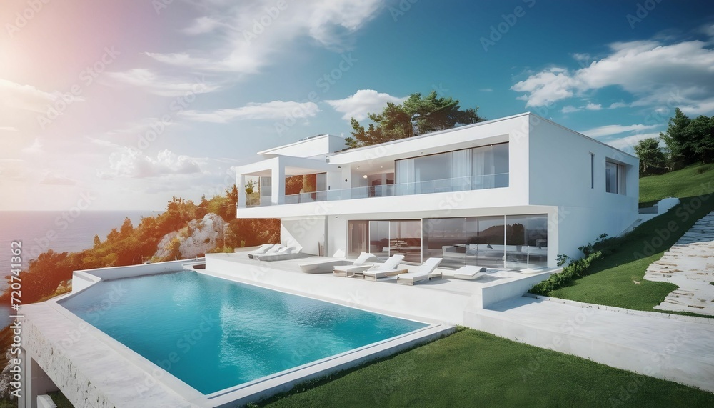 Luxury villa with a swimming pool, white modern house, beautiful sea view landscape, created with generative ai	
