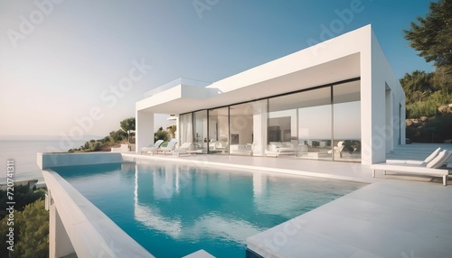 Luxury villa with a swimming pool, white modern house, beautiful sea view landscape, created with generative ai 