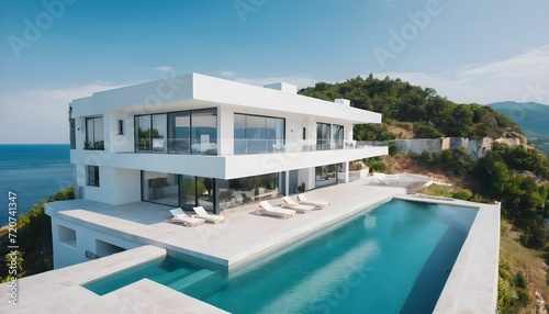Luxury villa with a swimming pool, white modern house, beautiful sea view landscape, created with generative ai 