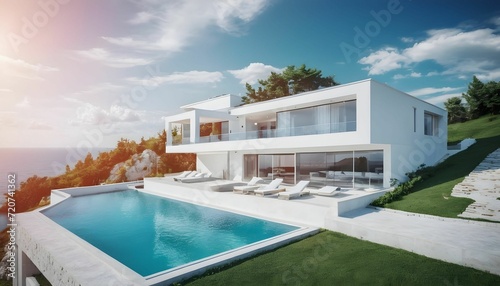 Luxury villa with a swimming pool  white modern house  beautiful sea view landscape  created with generative ai  