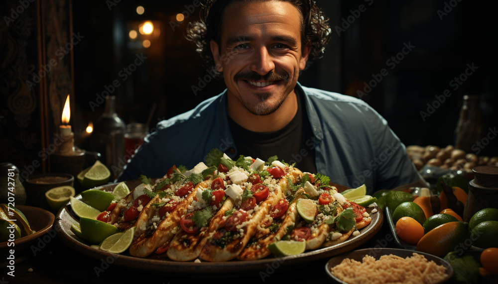 Smiling man holding gourmet salad, confident in healthy lifestyle generated by AI