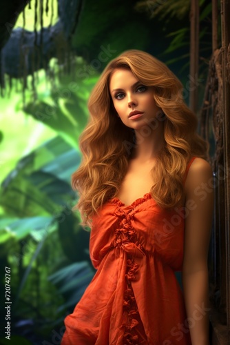 beautiful young woman posing in the tropical jungle