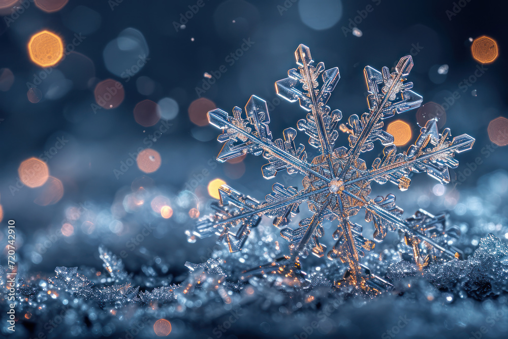 Elegant Snowflake, Macro Capture on Dark Blue Background Elegant Snowflake, Macro Capture on Dark Blue Background