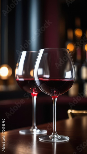 Glass of red wine on table in bar, blurred moody dark background, selective focus