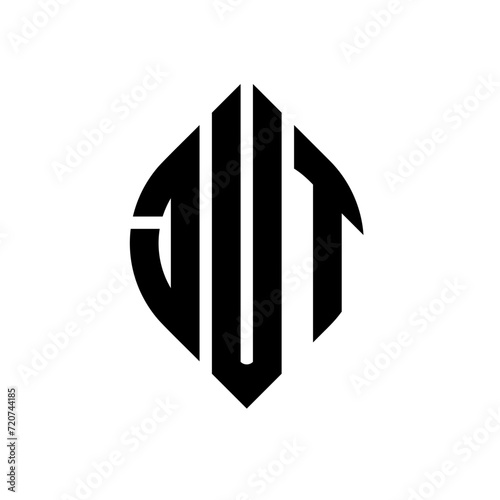 JUT circle letter logo design with circle and ellipse shape. JUT ellipse letters with typographic style. The three initials form a circle logo. JUT circle emblem abstract monogram letter mark vector.