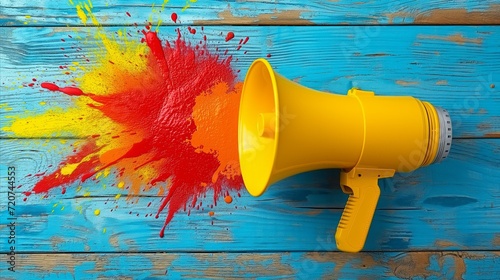 Vibrant paint splashes bursting from megaphone on wooden background © OKAN