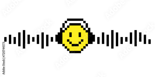 Pixelated retro emoji smile. Head in headphones with musical waves.