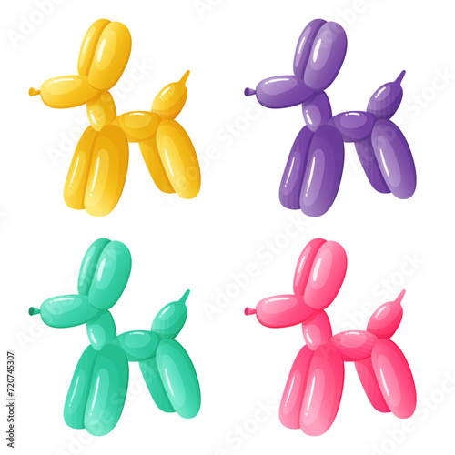 vector set of colourful cartoon dog balloons. yellow, pink, purple, green balloons.  balloon with helium dog