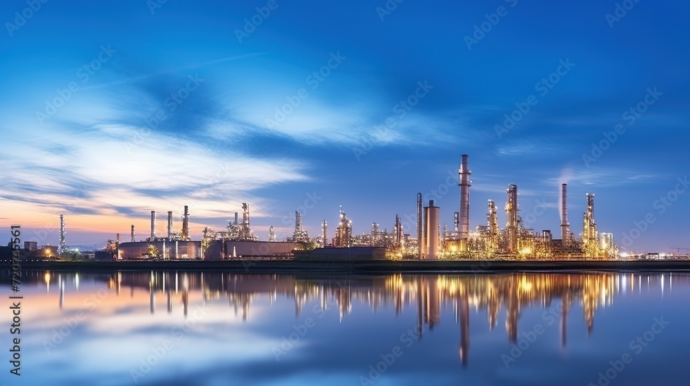 Oil refinery factory , Night view of petroleum and petrochemical factory at sunset