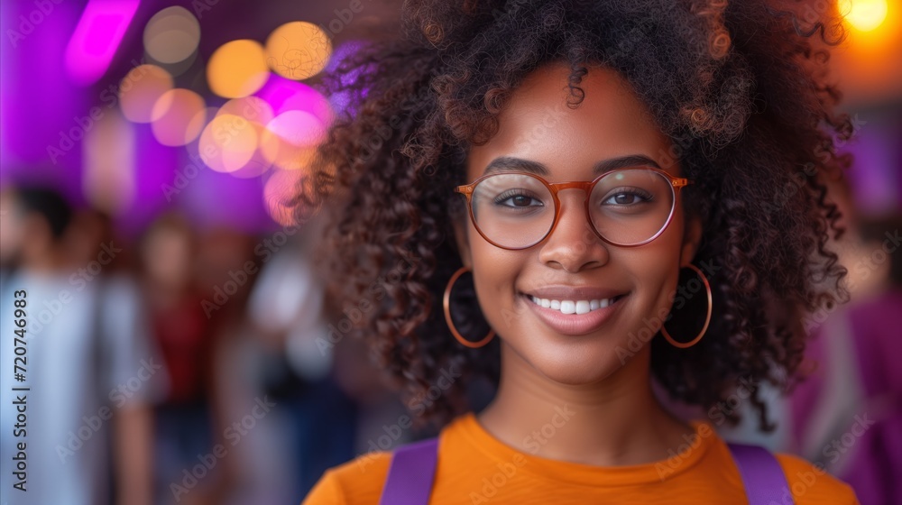 Smiling young woman wearing glasses with blurred party background Smiling young woman wearing glasses with blurred party background