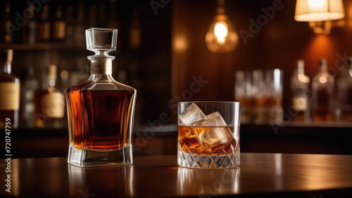 Glass of whiskey with ice  decanter of whisky at bar counter  blurred moody dark background  selective focus