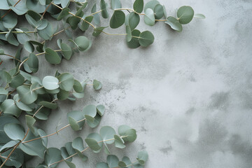 Top view eucalyptus plant branches on concrete table. Generative AI