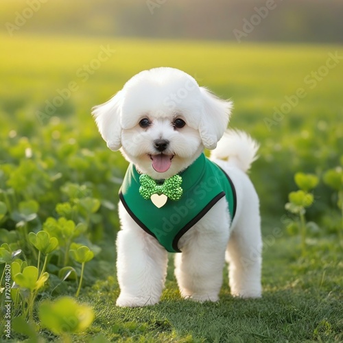 Bichon Frise Puppy in Green Outfit Playing in a Green Field