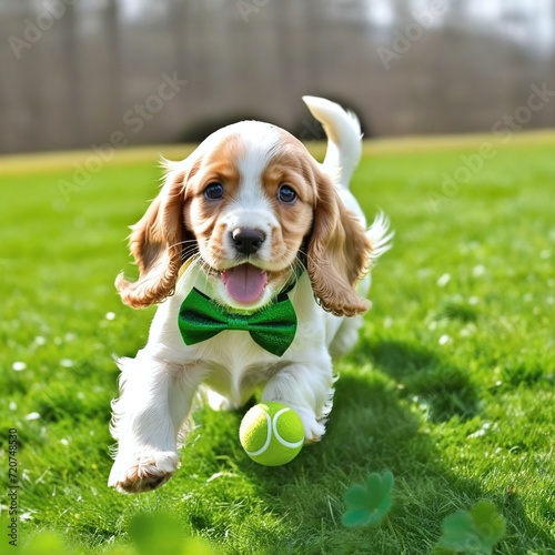 Energetic Spaniel Puppy Chasing Ball in Field, with Green Bow