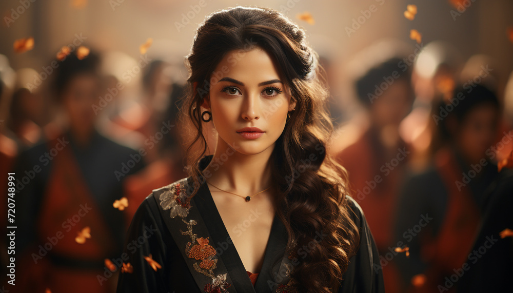 Young woman, fashion model, looking at camera, elegant dress, confident generated by AI Young woman, fashion model, looking at camera, elegant dress, confident generated by AI