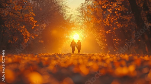 Couple walking hand in hand in autumn park at sunset photo