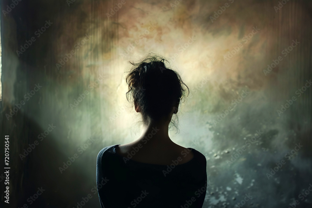 Portrait of young woman in profile view. Concept of loneliness.