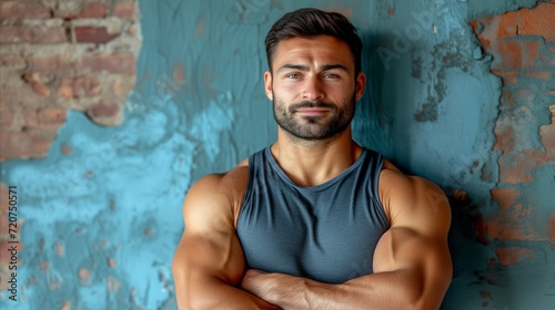 Confident muscular man in tank top posing against textured wall © OKAN
