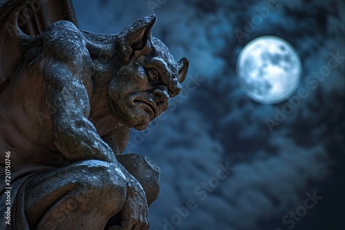 A close-up of a spooky gargoyle statue against a moonlit sky photo