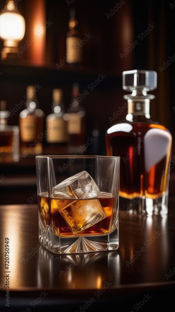 Glass of whiskey with ice, decanter of whisky at bar counter, blurred moody dark background, selective focus Glass of whiskey with ice, decanter of whisky at bar counter, blurred moody dark background, selective focus