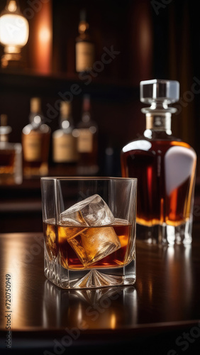 Glass of whiskey with ice, decanter of whisky at bar counter, blurred moody dark background, selective focus